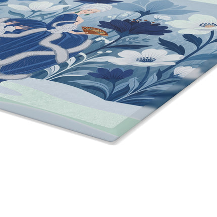 💙❄️ The Winter Courtship Glass Cutting Board – Art Deco Floral Romance