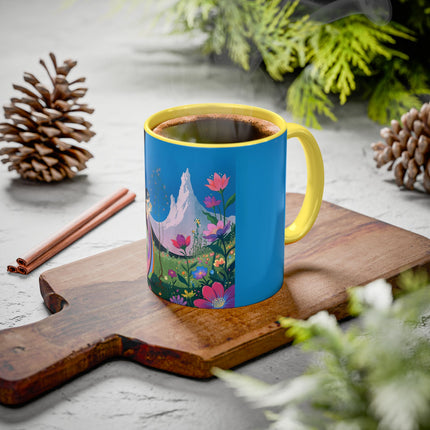 The Lady And The Moonlit Peak Colorful Mugs – Art Deco Alpine Garden Elegance