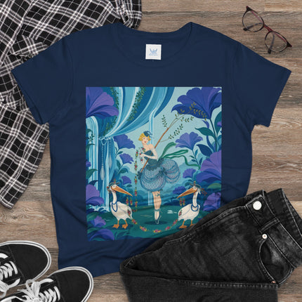 🪶🌺 The Pelican Garden Dance Cotton Tee – Art Deco Botanical Whimsy