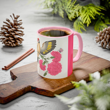 Goldfinch & Pink Flowers Colorful Mugs – Vibrant Spring & Bold Beauty