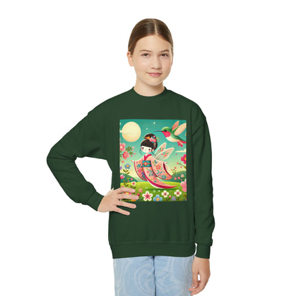 Geisha Fairy and the Hummingbird Blossom Youth Crewneck Sweatshirt – Magic, Grace & Dreamlike Beauty