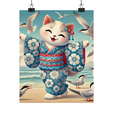 🌊🐱 Geisha Kitten by the Seaside Matte Vertical Poster – Coastal Charm & Ocean Breeze