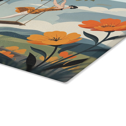 🌳🧡 The Ladies Of The Autumn Swing Glass Cutting Board – Art Deco Woodland Whimsy