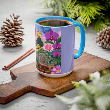 The Lady And The Crimson Birdcage Colorful Mugs – Art Deco Tropical Garden Elegance