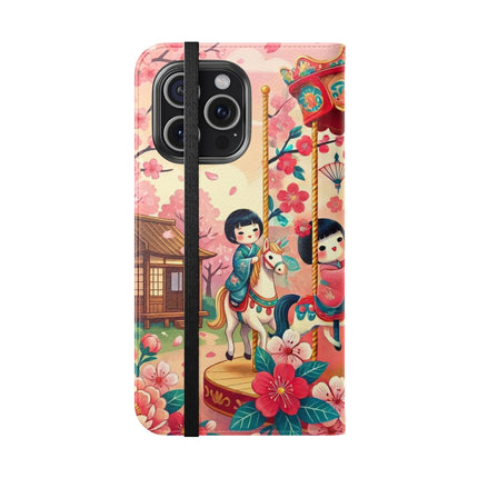 🎠🌸 Geisha Kitten's Enchanted Carousel Flip Case – Whimsical Dreams & Cherry Blossom Magic