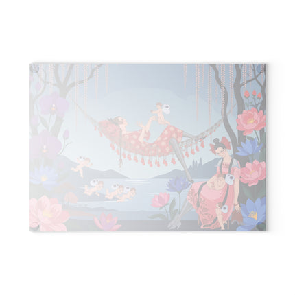 🌸🪽 The Garden Of Little Cupids Glass Cutting Board – Art Deco Floral Fantasy