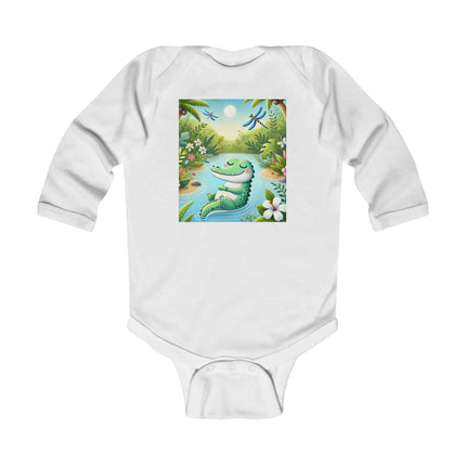 Tranquil River Dream Baby Long Sleeve Bodysuit – Crocodile Jungle Serenity Design