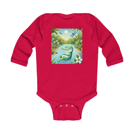 Tranquil River Dream Baby Long Sleeve Bodysuit – Crocodile Jungle Serenity Design
