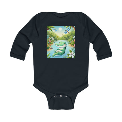 Tranquil River Dream Baby Long Sleeve Bodysuit – Crocodile Jungle Serenity Design