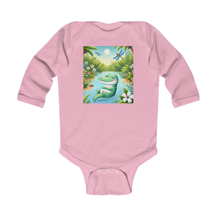 Tranquil River Dream Baby Long Sleeve Bodysuit – Crocodile Jungle Serenity Design