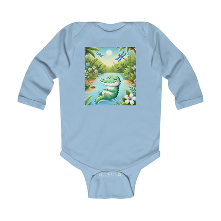 Tranquil River Dream Baby Long Sleeve Bodysuit – Crocodile Jungle Serenity Design