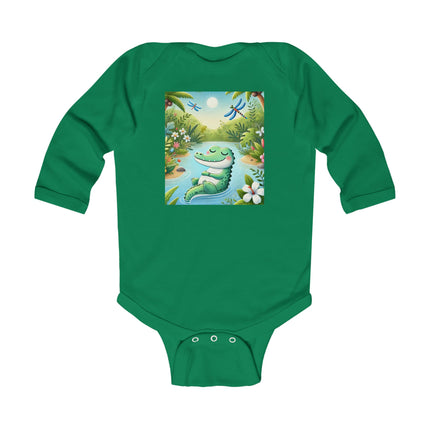 Tranquil River Dream Baby Long Sleeve Bodysuit – Crocodile Jungle Serenity Design