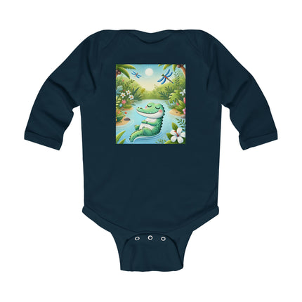 Tranquil River Dream Baby Long Sleeve Bodysuit – Crocodile Jungle Serenity Design