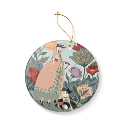🌹🐈 The Lady And Puss In Boots Ceramic Ornament – Art Deco Floral Whimsy