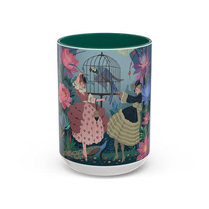 The Ladies And The Enchanted Macaw Colorful Mugs – Art Deco Botanical Elegance