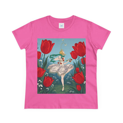 🌷🩰 The Scarlet Tulip Ballet Cotton Tee – Art Deco Floral Whimsy