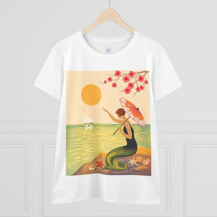 🧜‍♀️🌸 The Mermaid Beneath The Blossoms Cotton Tee – Art Deco Seaside Fantasy