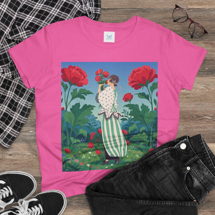 🌹🌿 The Scarlet Rose Garden Cotton Tee – Art Deco Floral Whimsy