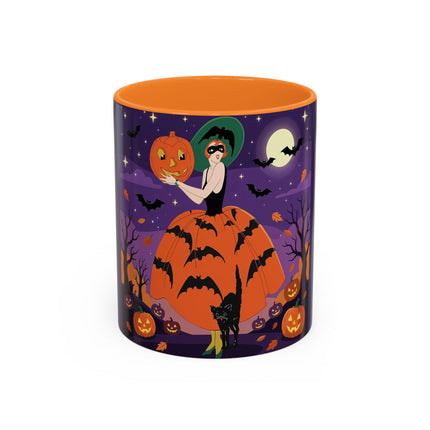 🎃🌕 The Pumpkin Moon Enchantress Colorful Mug – Elegant Halloween Masquerade