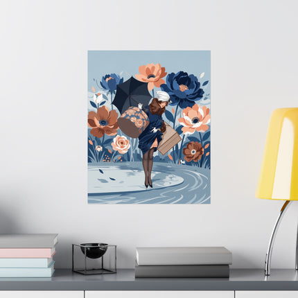 ☂️🌸 The Lady Of The Grand Floral Journey Matte Vertical Poster – Art Deco Fashion Illustration