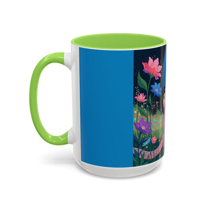 The Lady And The Moonlit Peak Colorful Mugs – Art Deco Alpine Garden Elegance