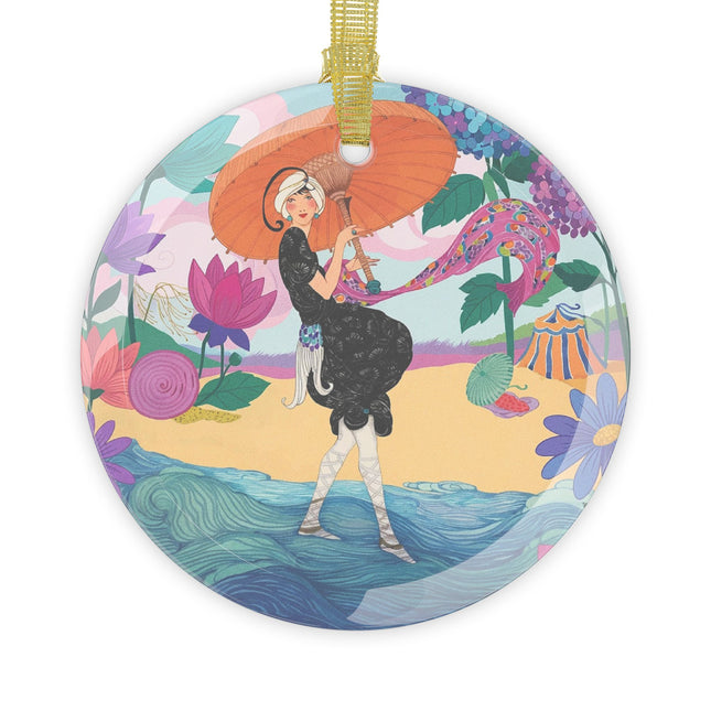 ☂️🌊 The Lady Of The Coral Parasol Glass Ornament – Art Deco Coastal Elegance