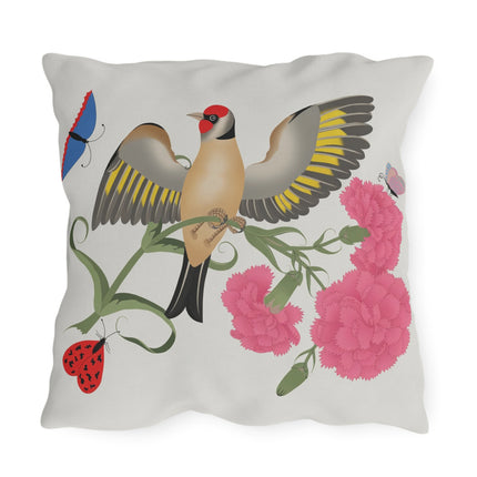 Goldfinch & Pink Flowers Outdoor Pillows – Vibrant Spring & Delicate Beauty