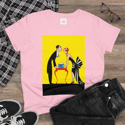 Moment of Elegance: A Passionate Embrace Amidst Golden Splendor Women's Midweight Cotton Tee
