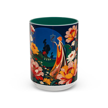 🌺🐦 The Enchanted Birdcage Garden Colorful Mug – Art Deco Floral Fantasy