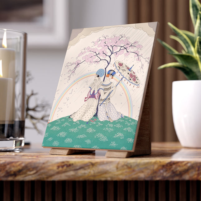 🌈☂️ Beneath The Rainbow Tree Ceramic Tile – Art Deco Spring Fantasy