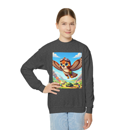 Red-Tailed Hawk in Battle Youth Crewneck Sweatshirt – Flight, Focus & Fearless Energy