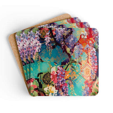Golden Wisteria Symphony Corkwood Coaster Set