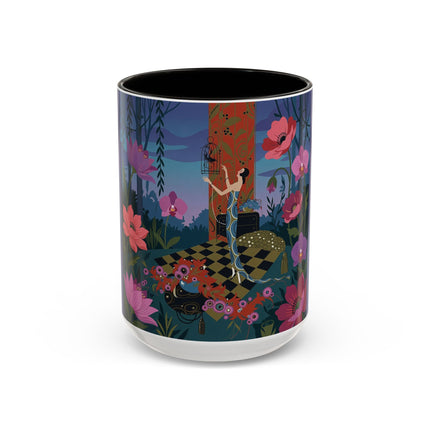 The Lady And The Midnight Birdcage Colorful Mugs – Art Deco Botanical Elegance