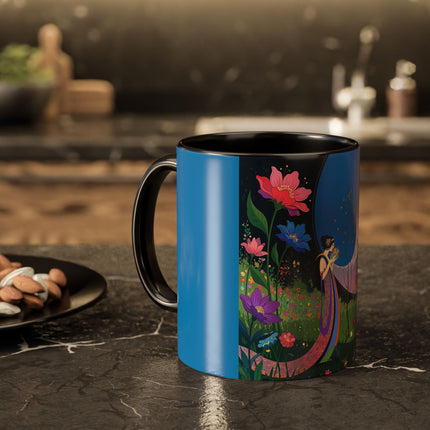 The Lady And The Moonlit Peak Colorful Mugs – Art Deco Alpine Garden Elegance