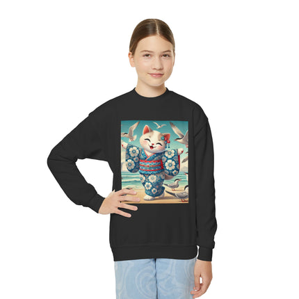 Geisha Kitten by the Seaside Youth Crewneck Sweatshirt – Coastal Charm, Joy & Whimsical Elegance