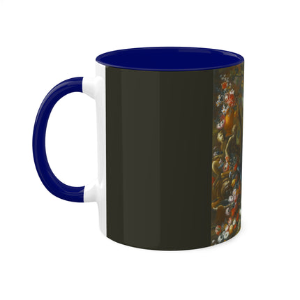 Still Life With Birds Beside An Ornate Fountain by Nicola Casissa Colorful Mugs, 11oz