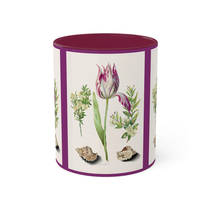 Tulip, Branches of Myrtle and Shells by Maria Sibylla Merian Colorful Mugs, 11oz