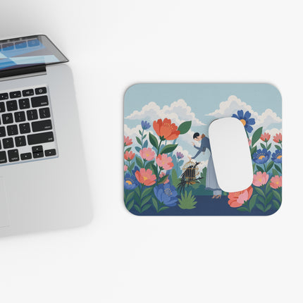 🦜🌸 The Lady And The Curious Birds Mouse Pad – Art Deco Garden Whimsy