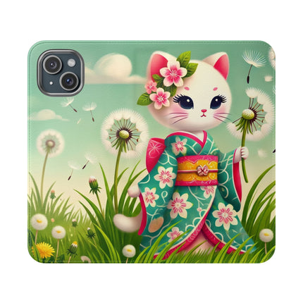 🌾🌼 Geisha Kitten and the Dandelion Wish Flip Case – Gentle Wishes & Quiet Wonder