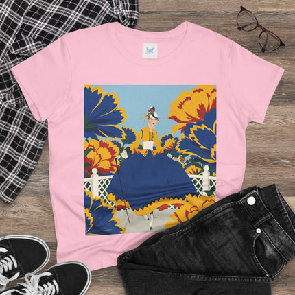 💙🌼 The Golden Petal Promenade Cotton Tee – Art Deco Floral Elegance