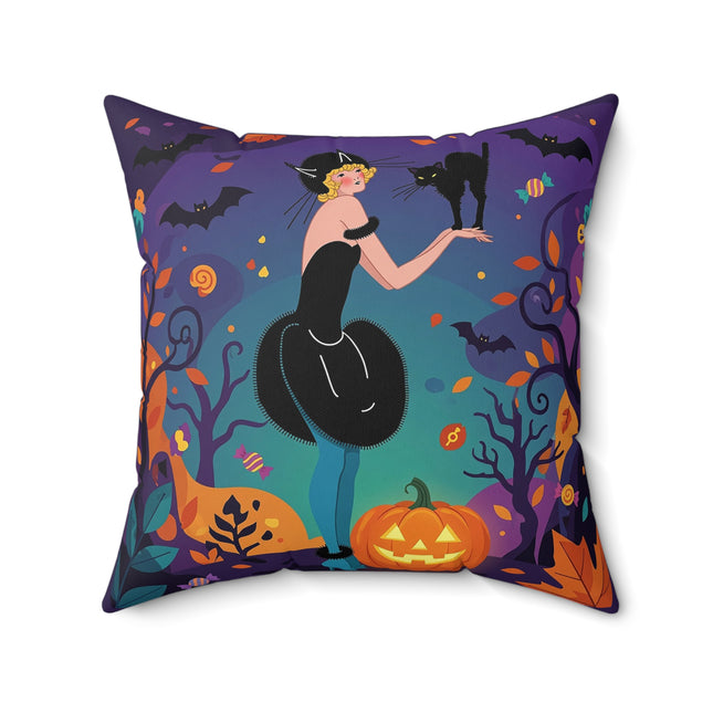 🐈‍⬛🎃 The Midnight Black Cat Masquerade Square Pillow – Whimsical Halloween Elegance