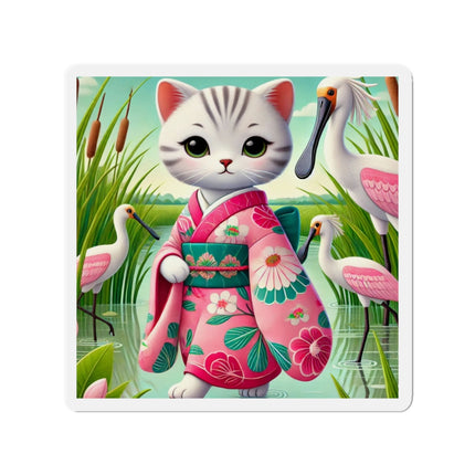 Geisha Kitten Strolls Among the Spoonbills Die-Cut Magnets (5 Sizes)