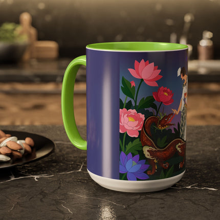 The Lady And The Garden Dragon Colorful Mugs – Art Deco Mythical Botanical Elegance