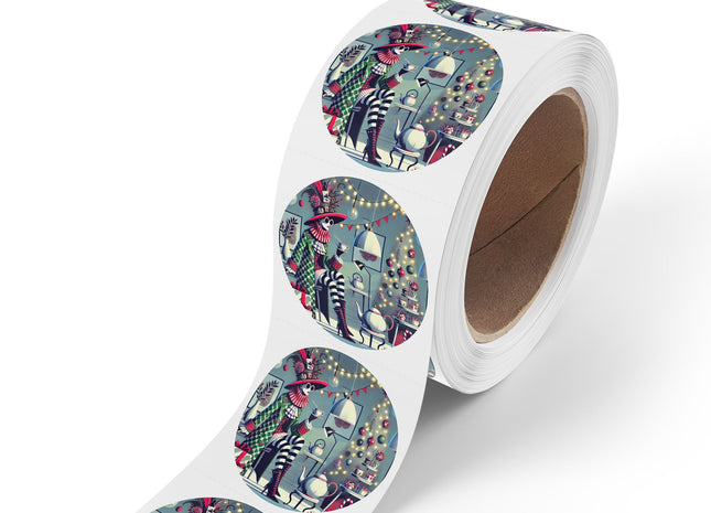 Whimsical Christmas Tea Party Round Sticker Label Rolls
