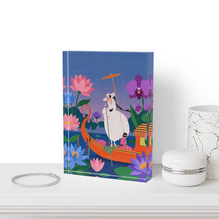 🪷🛶 The Lady Of The Lotus Lake Acrylic Art Block – Art Deco Botanical Fantasy