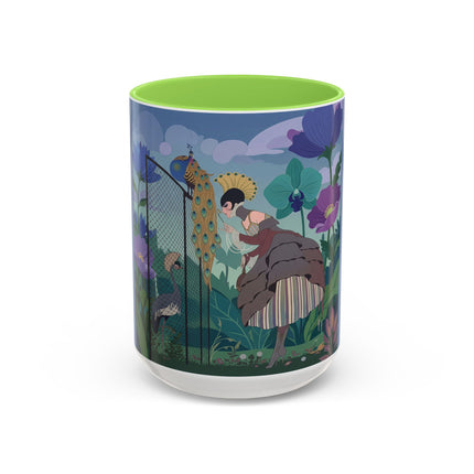 The Lady And The Enchanted Heron Colorful Mugs – Art Deco Botanical Elegance