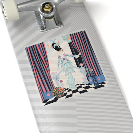 🌹🎭 The Lady Between The Curtains Kiss-Cut Stickers – Art Deco Floral Theatre