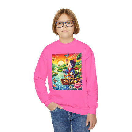 Sailor Kitten’s River Adventure Youth Crewneck Sweatshirt – Exploration, Joy & Storybook Adventure