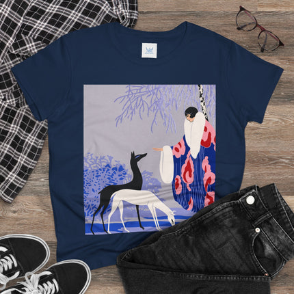 🦌🌸 The Lady Of The Graceful Deer Cotton Tee – Art Deco Garden Elegance