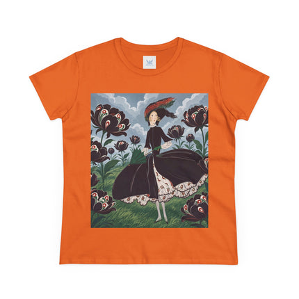 ❤️🌺 The Scarlet Parasol Garden Cotton Tee – Art Deco Floral Elegance